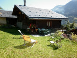 chalet entouré de prairie,non cloturé. terrasse avec table, chaises,parasol et chaises longues