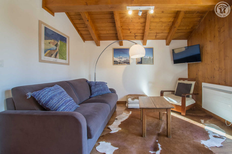 Chalet Les Carons, 6
Salon avec écran plat tété (clé usb et canal sat), canapé lit confortable 200x140 - © Gîtes de France Chalet Les Carons, 6
Salon avec écran plat tété (clé usb et canal sat), canapé lit confortable 200x140